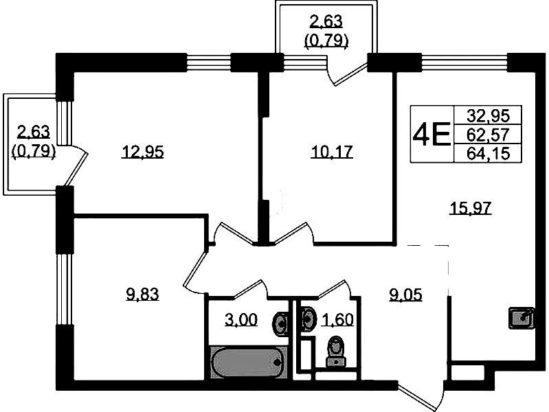 3-комнатная квартира 64.15 м², 3/12 эт., ЖК «Новые Лаврики»